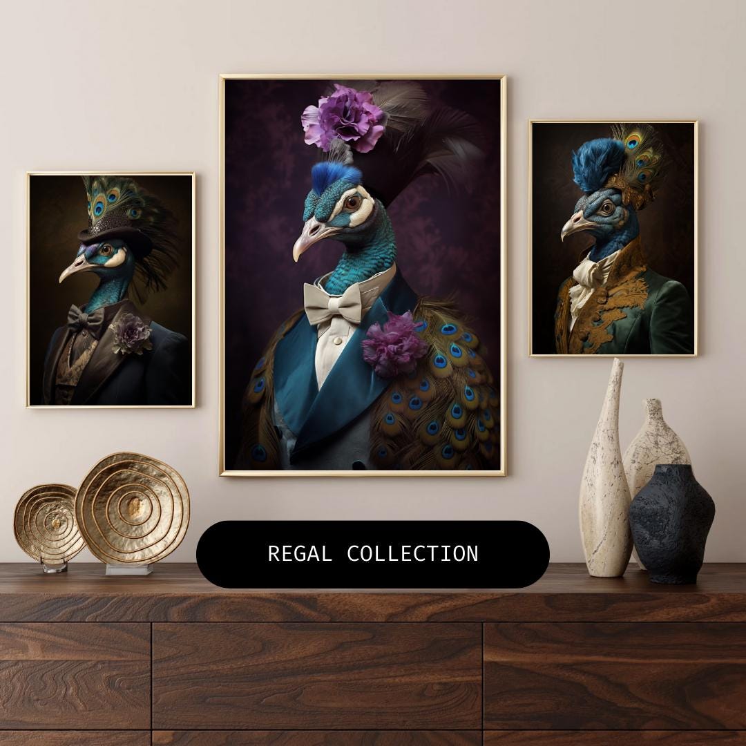 Peacock Art Print | Funny Animal Portrait, Green Rococo Coat wall art print, modern home decor, unframed artwork by Nomad & Nest