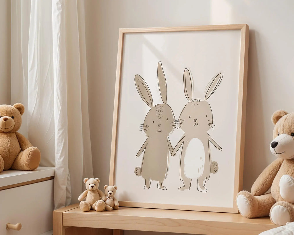 Playroom Ideas | Bunny Pair Nursery Wall Art | Neutral Woodland Animal Print wall art print, modern home decor, unframed artwork by Nomad & Nest