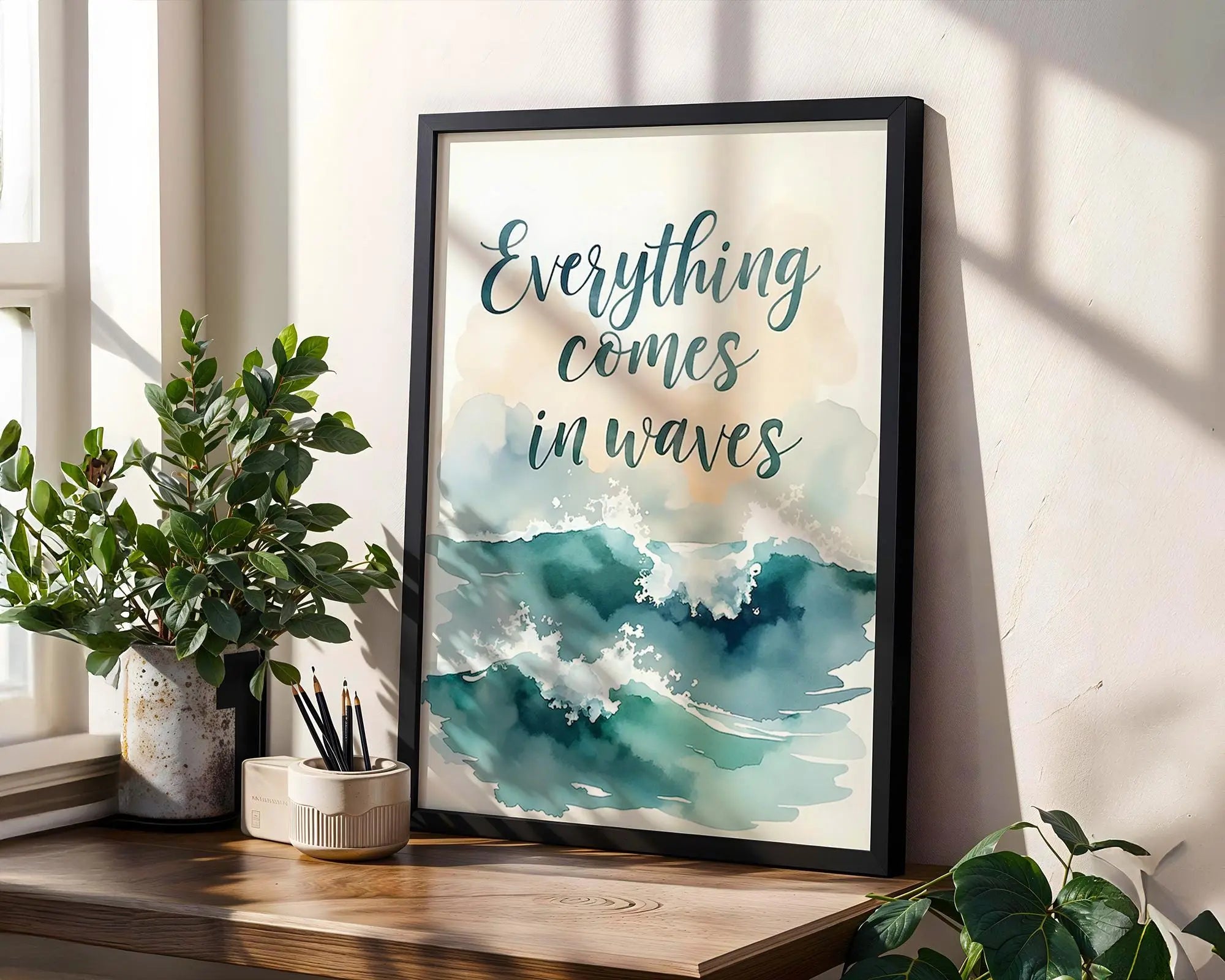 Positive Emotion | Everything Comes in Waves | Ocean Watercolour Quote | Coastal Calm Wall Art wall art print, modern home decor, unframed artwork by Nomad & Nest