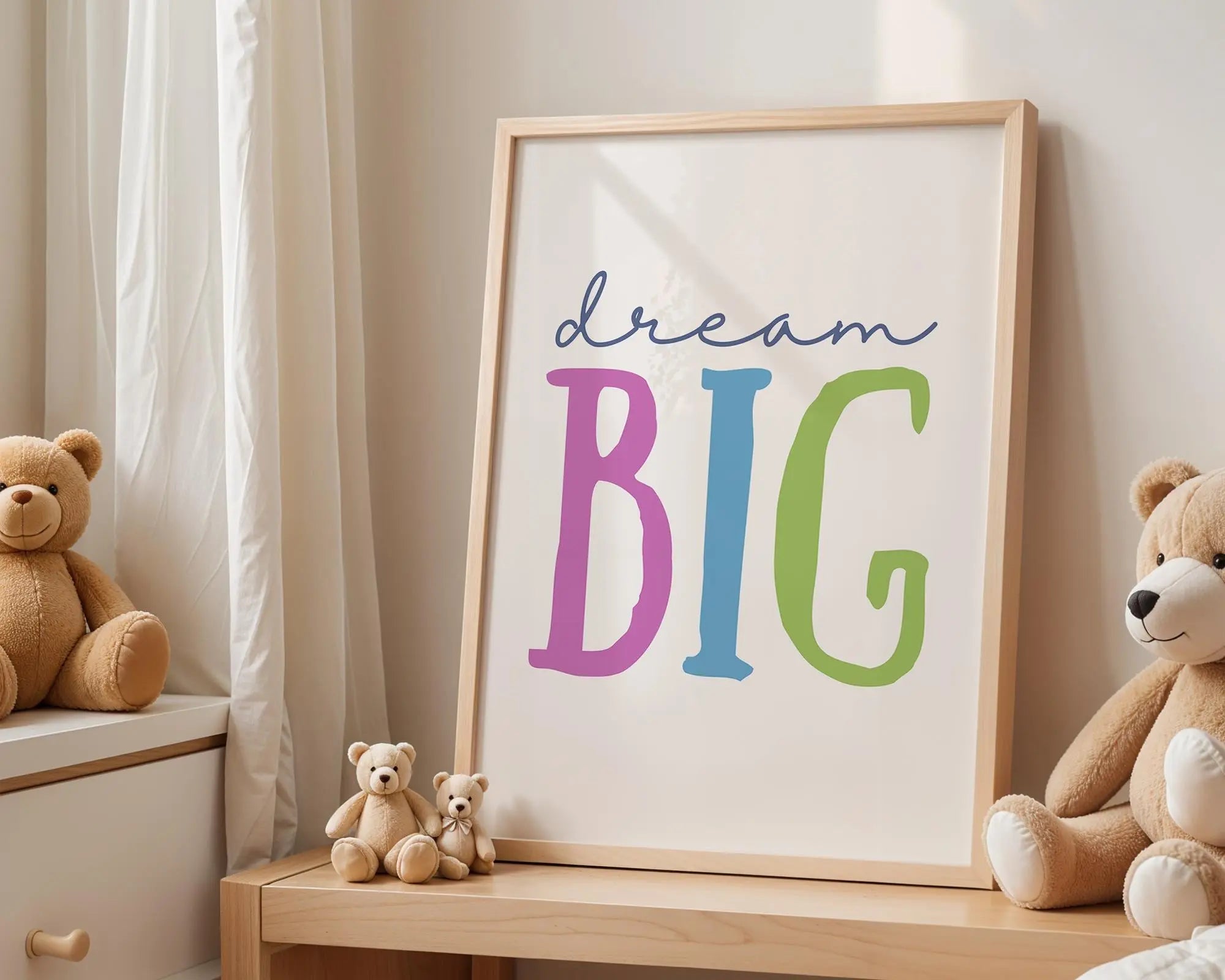 Playroom Ideas | Dream Big Nursery Wall Art | Colourful Typography Baby Print wall art print, modern home decor, unframed artwork by Nomad & Nest