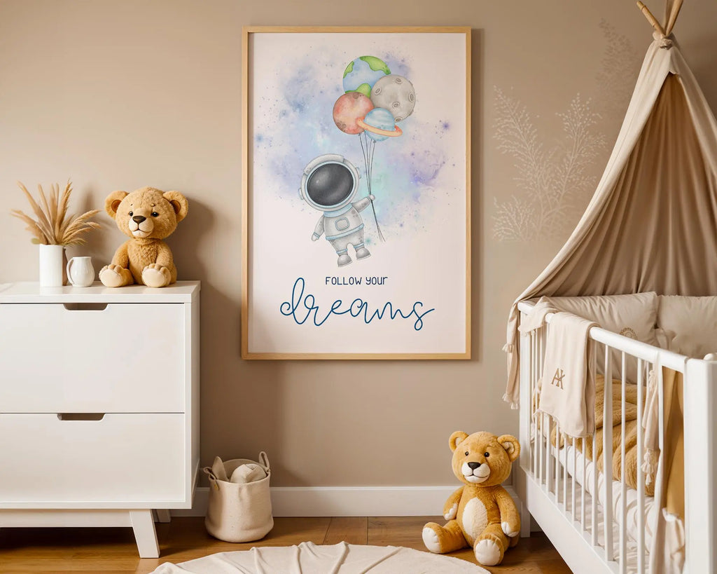 Playroom Ideas | Astronaut Nursery Print | Follow Dreams Space Wall Art wall art print, modern home decor, unframed artwork by Nomad & Nest