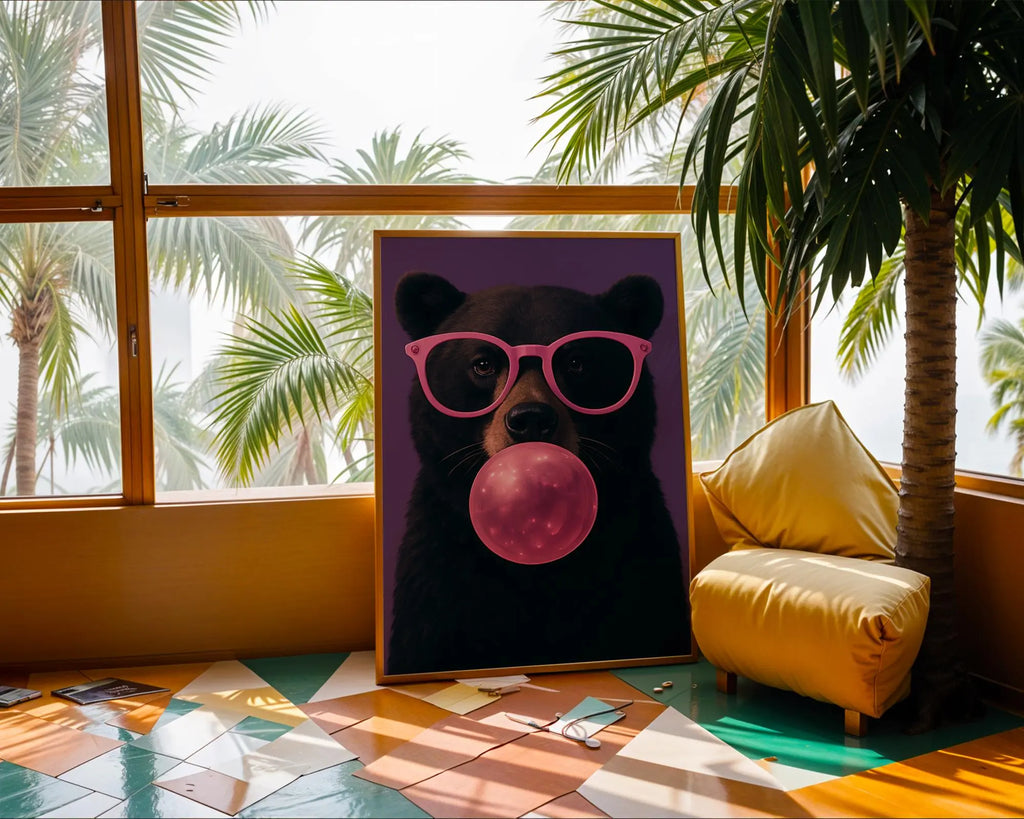 Colourful Prints | Bear Bubblegum Art Print | Funky Pink Glasses Animal Poster wall art print, modern home decor, unframed artwork by Nomad & Nest