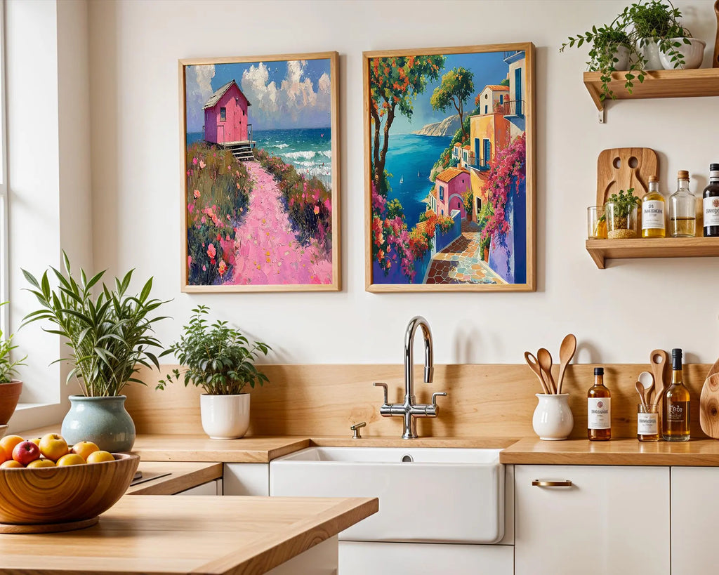 Colourful Prints | Coastal Art Print • Pink Beach House & Mediterranean Village wall art print, modern home decor, unframed artwork by Nomad & Nest