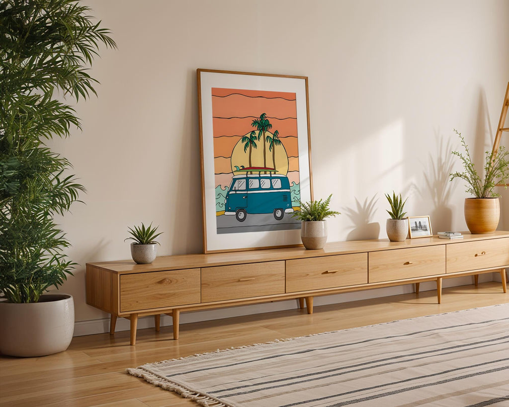 Modern Pop Art | VW Bus Surfboard Print | Retro Summer Beach, California Vibes wall art print, modern home decor, unframed artwork by Nomad & Nest