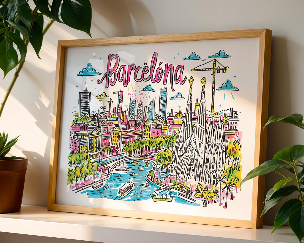 Barcelona Cityscape Poster | Colorful Sagrada Familia Art Print wall art print, modern home decor, unframed artwork by Nomad & Nest