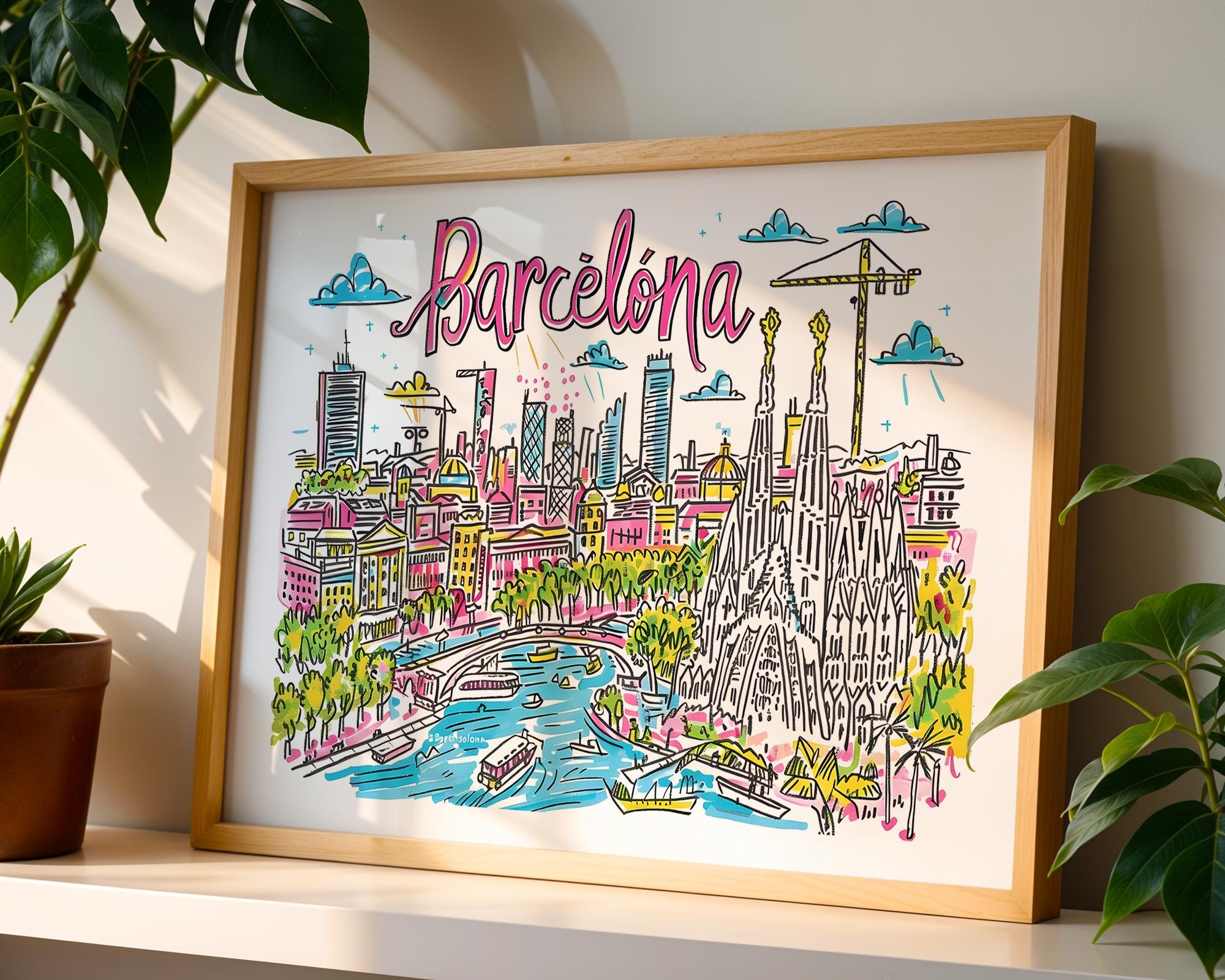 Barcelona Cityscape Poster | Colorful Sagrada Familia Art Print wall art print, modern home decor, unframed artwork by Nomad & Nest