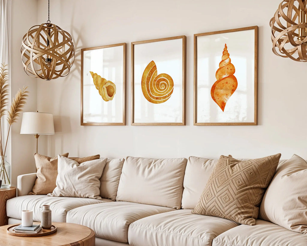 Colourful Prints | Seashell Wall Art Prints | Orange & Gold Watercolour (Set of 3) wall art print, modern home decor, unframed artwork by Nomad & Nest