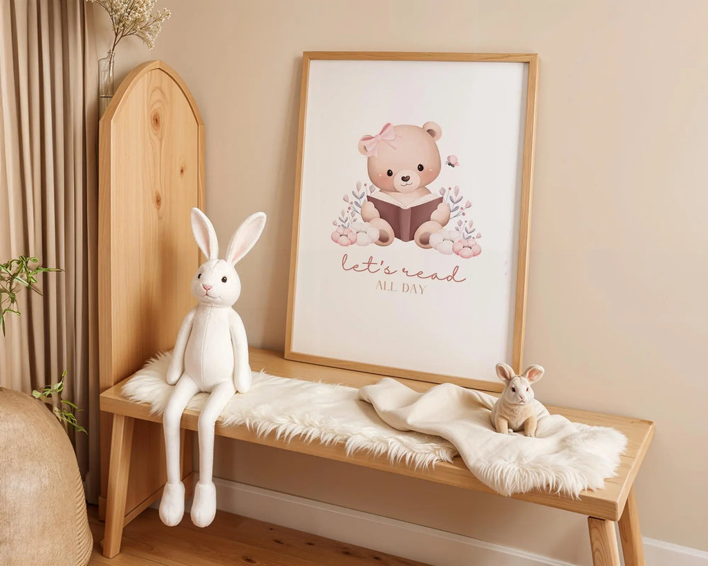 Playroom Ideas | Reading Bear Nursery Wall Art | Storybook Floral Baby Print wall art print, modern home decor, unframed artwork by Nomad & Nest