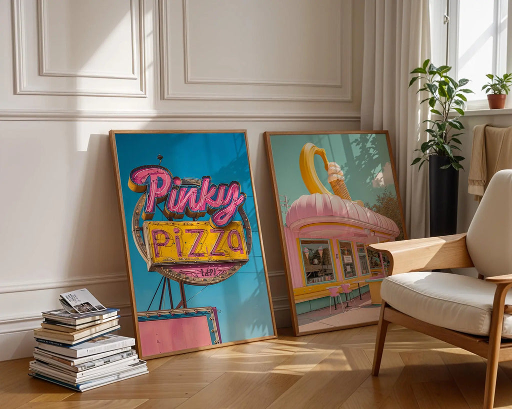 Colourful Prints | Retro Diner Prints Set | Pink Pizza, Ice Cream Parlor Wall Art wall art print, modern home decor, unframed artwork by Nomad & Nest