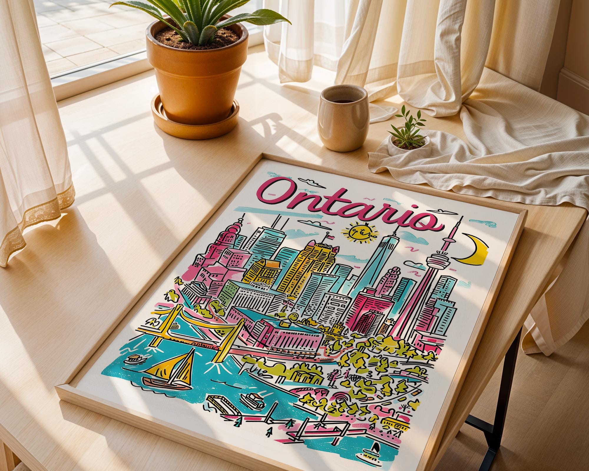 Ontario Canada Travel Poster | Colorful Cityscape Lake View Art Print wall art print, modern home decor, unframed artwork by Nomad & Nest