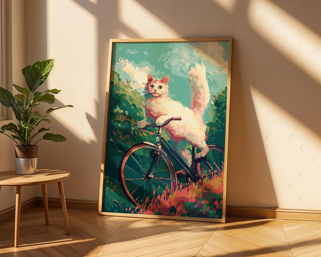 Cat on Bicycle Art Print | Retro Whimsical Illustration wall art print, modern home decor, unframed artwork by Nomad & Nest