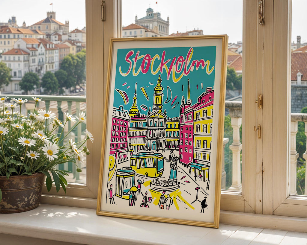 Stockholm Sweden Poster | Colorful Hand-Drawn Cityscape Art Print wall art print, modern home decor, unframed artwork by Nomad & Nest