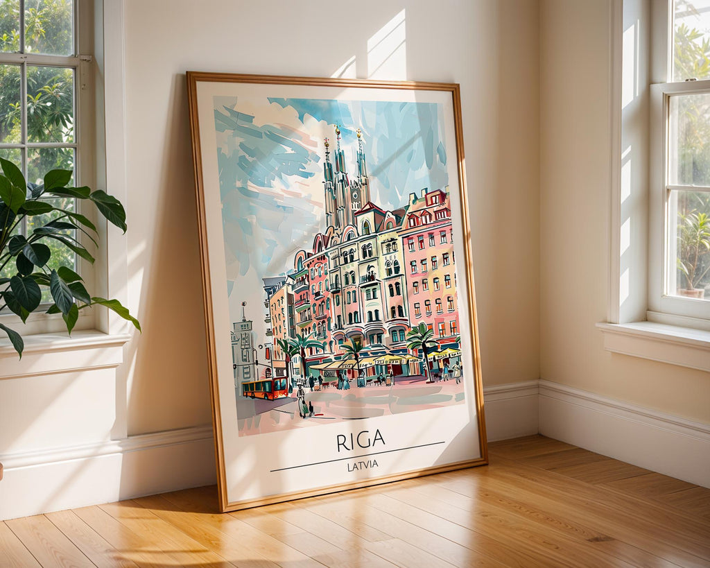 Riga Latvia Travel Poster | Colorful Old Town Architecture Print wall art print, modern home decor, unframed artwork by Nomad & Nest