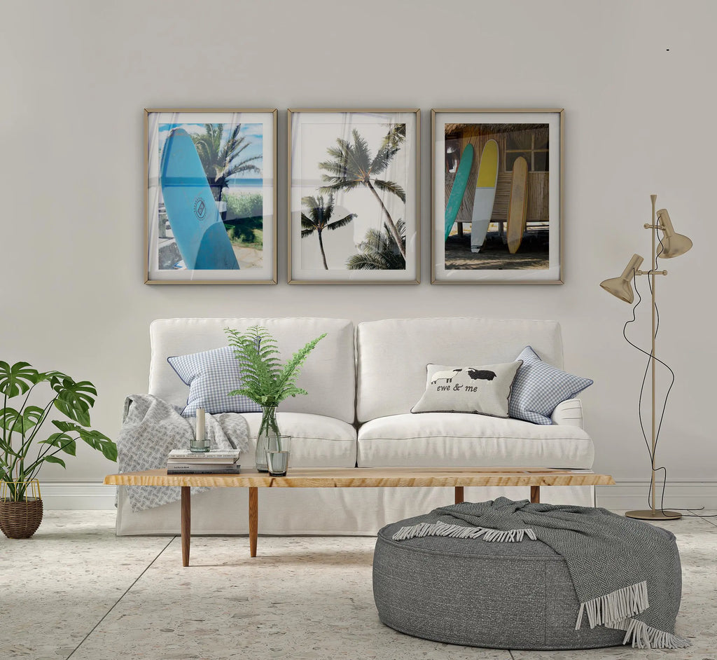 Colourful Prints | Tropical Surfboard & Palm Tree Print Set, Coastal Photography Wall Art wall art print, modern home decor, unframed artwork by Nomad & Nest