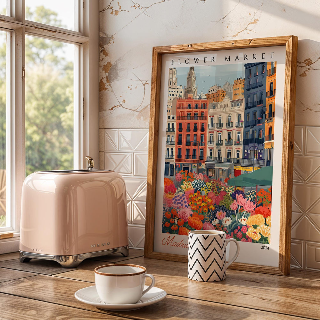 Madrid Flower Market Poster | Spanish Cityscape Travel Art wall art print, modern home decor, unframed artwork by Nomad & Nest