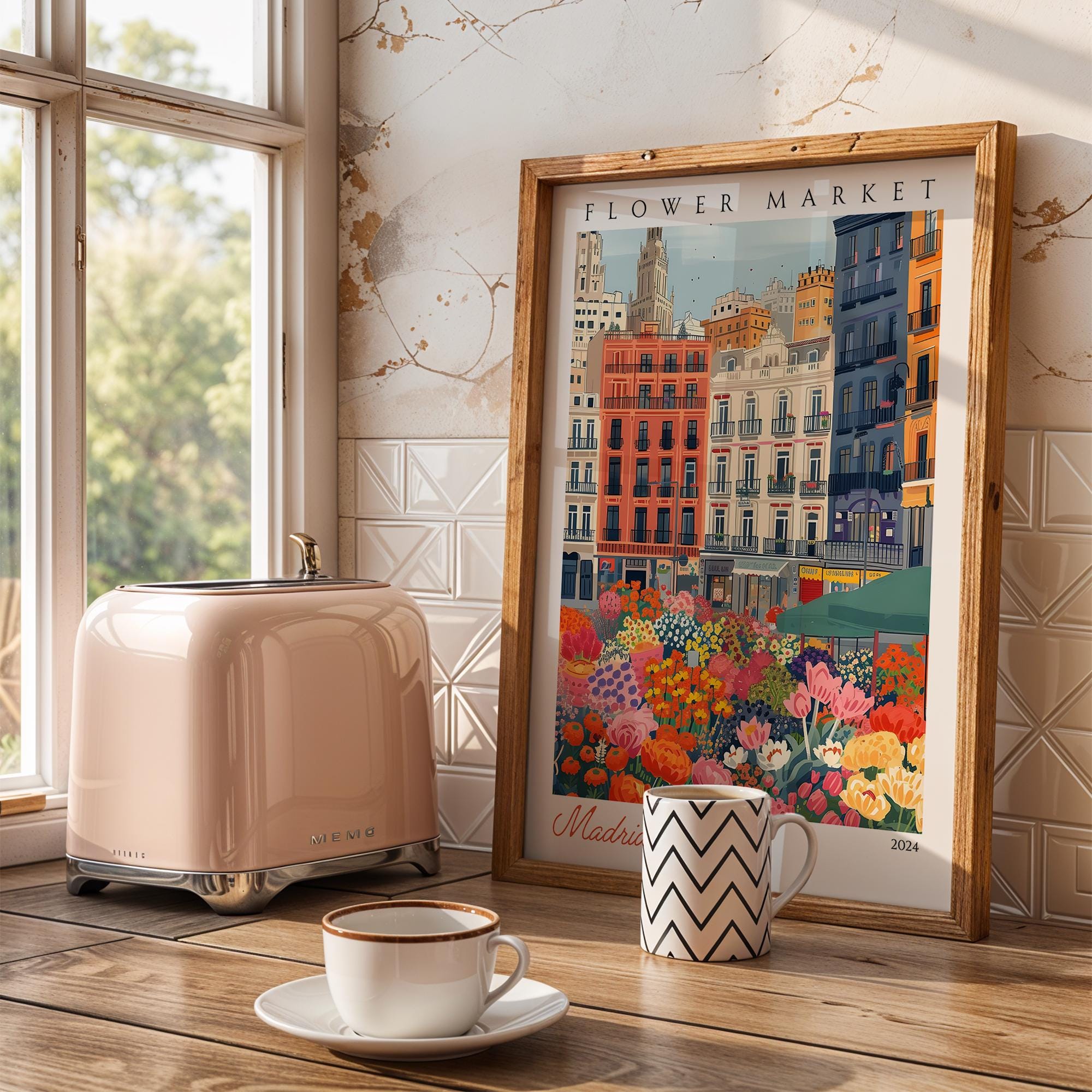 Madrid Flower Market Poster | Spanish Cityscape Travel Art wall art print, modern home decor, unframed artwork by Nomad & Nest
