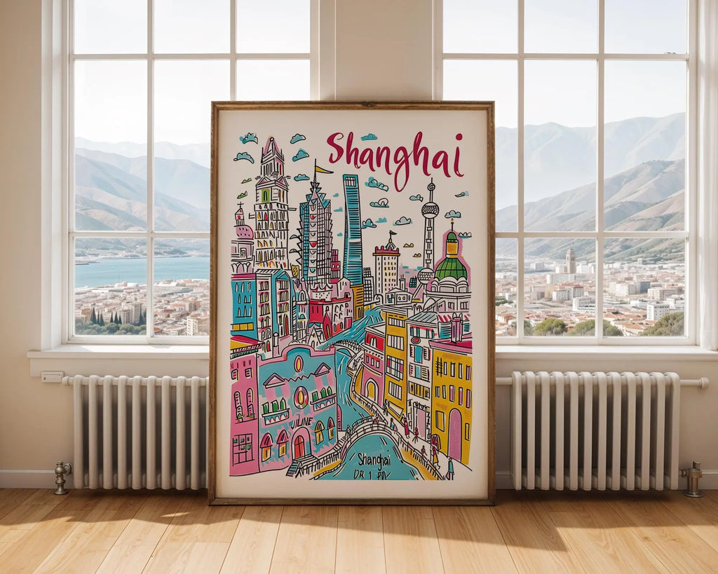 Shanghai Skyline Art Print | Colorful Hand-Drawn Cityscape wall art print, modern home decor, unframed artwork by Nomad & Nest