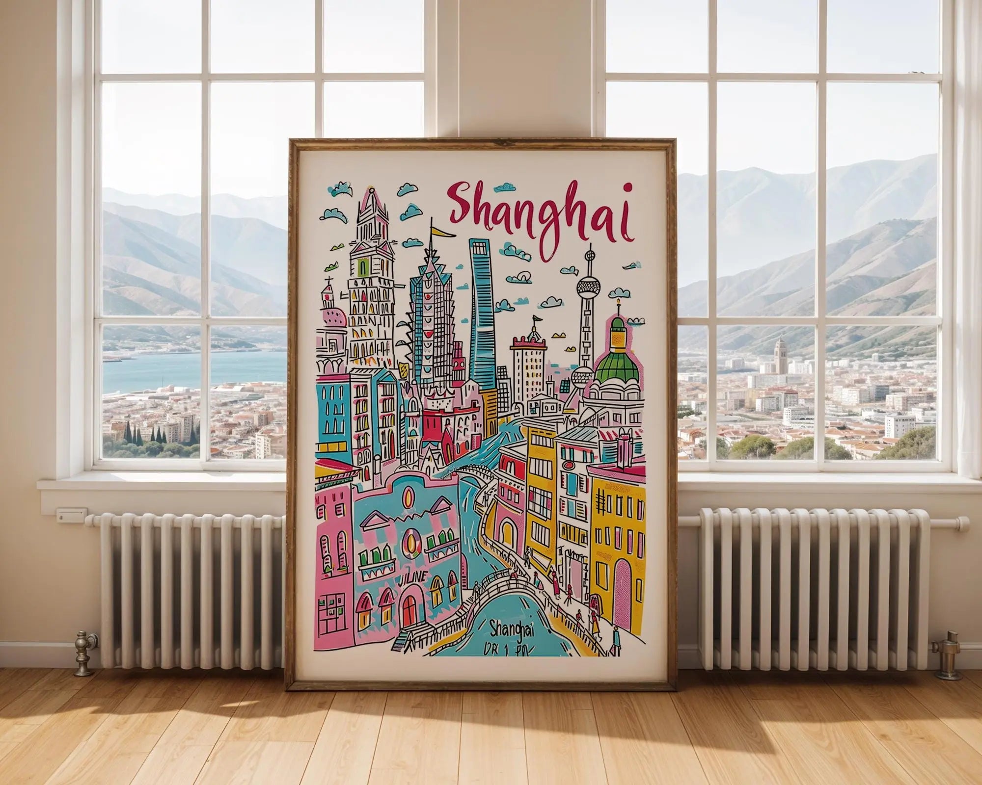Shanghai Skyline Art Print | Colorful Hand-Drawn Cityscape wall art print, modern home decor, unframed artwork by Nomad & Nest