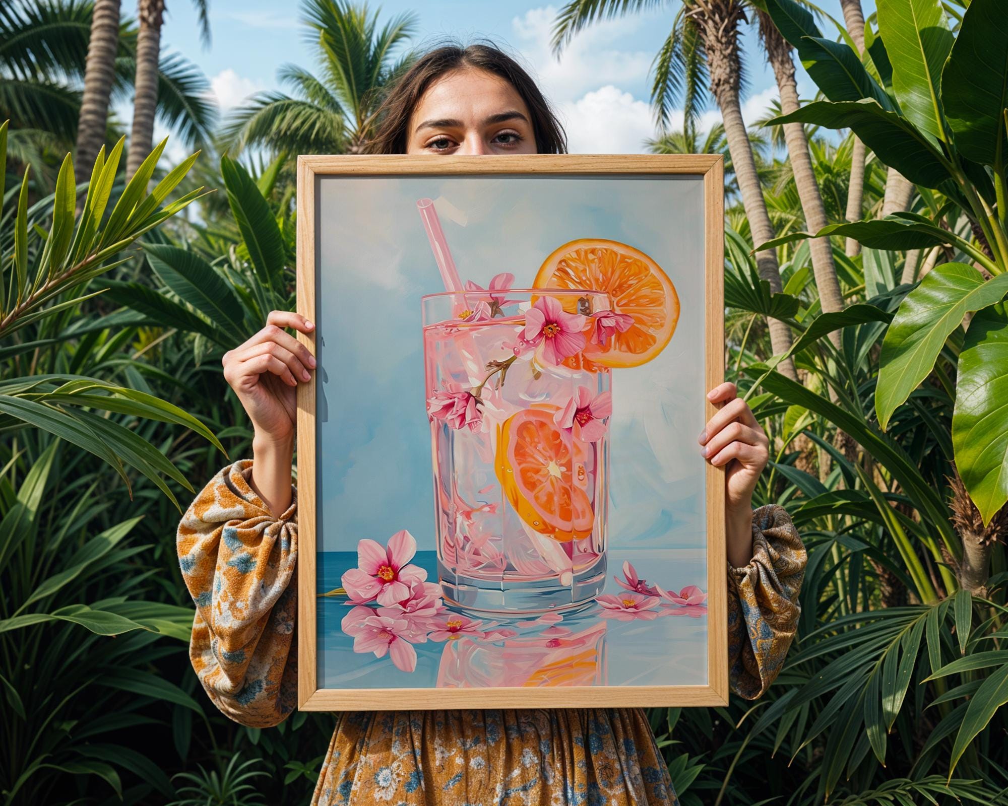 Colourful Prints | Floral Cocktail Art Print | Pink Citrus Drink Poster wall art print, modern home decor, unframed artwork by Nomad & Nest