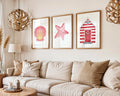 Colourful Prints | Coastal Wall Art Set | Pink Shell, Starfish, Beach Hut Prints (Set of 3) wall art print, modern home decor, unframed artwork by Nomad & Nest