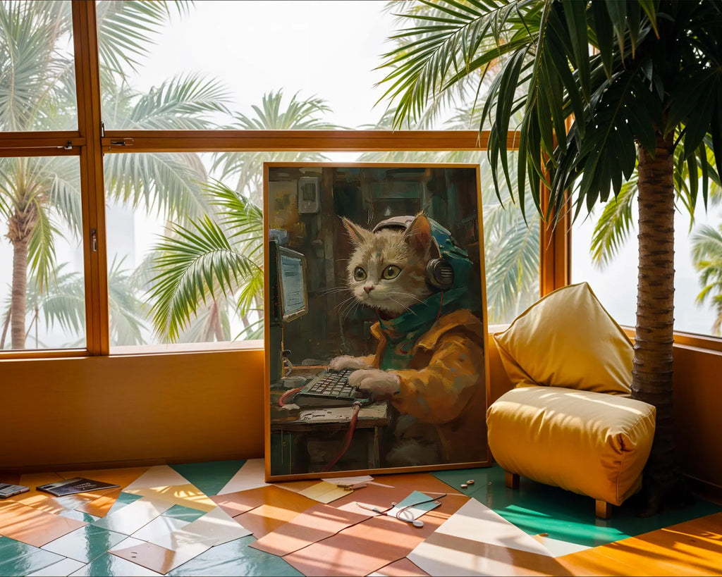 Gamer Cat Print | Lo-Fi Kitten Programmer Wall Art | Digital Art Cyberpunk Cat Poster | Cute Geeky Animal Office Decor | Boys Room Poster wall art print, modern home decor, unframed artwork by Nomad & Nest