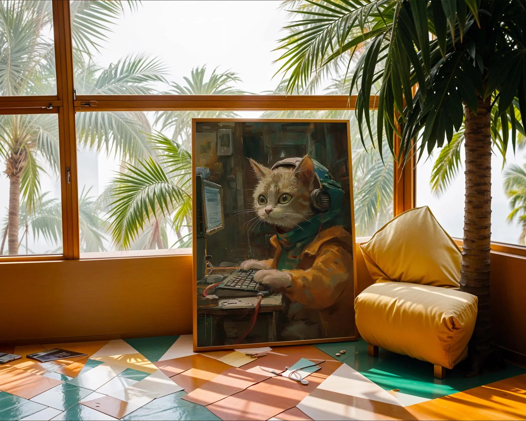 Gamer Cat Print | Lo-Fi Kitten Programmer Wall Art | Digital Art Cyberpunk Cat Poster | Cute Geeky Animal Office Decor | Boys Room Poster wall art print, modern home decor, unframed artwork by Nomad & Nest