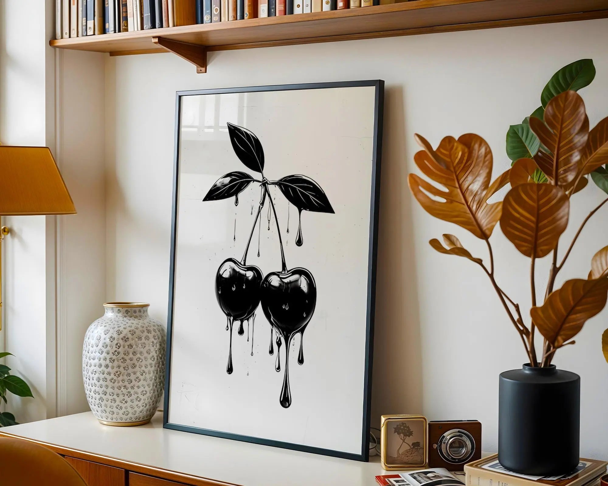 Positive Emotion | Black Dripping Cherries Print – Gothic Monochrome Wall Art wall art print, modern home decor, unframed artwork by Nomad & Nest