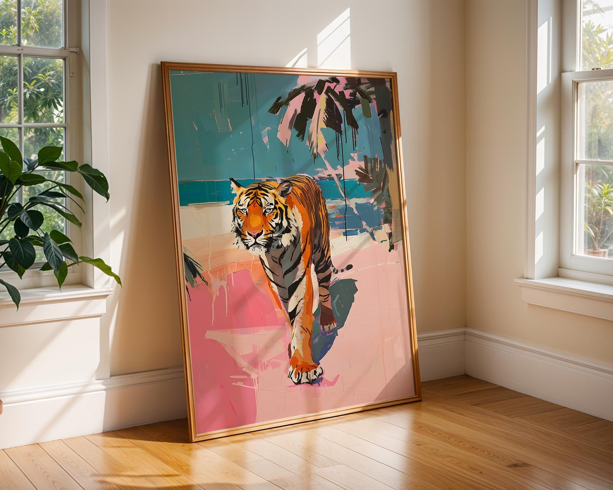 Colourful Prints | Abstract Tiger Beach Art Print | Modern Safari Wall Decor wall art print, modern home decor, unframed artwork by Nomad & Nest