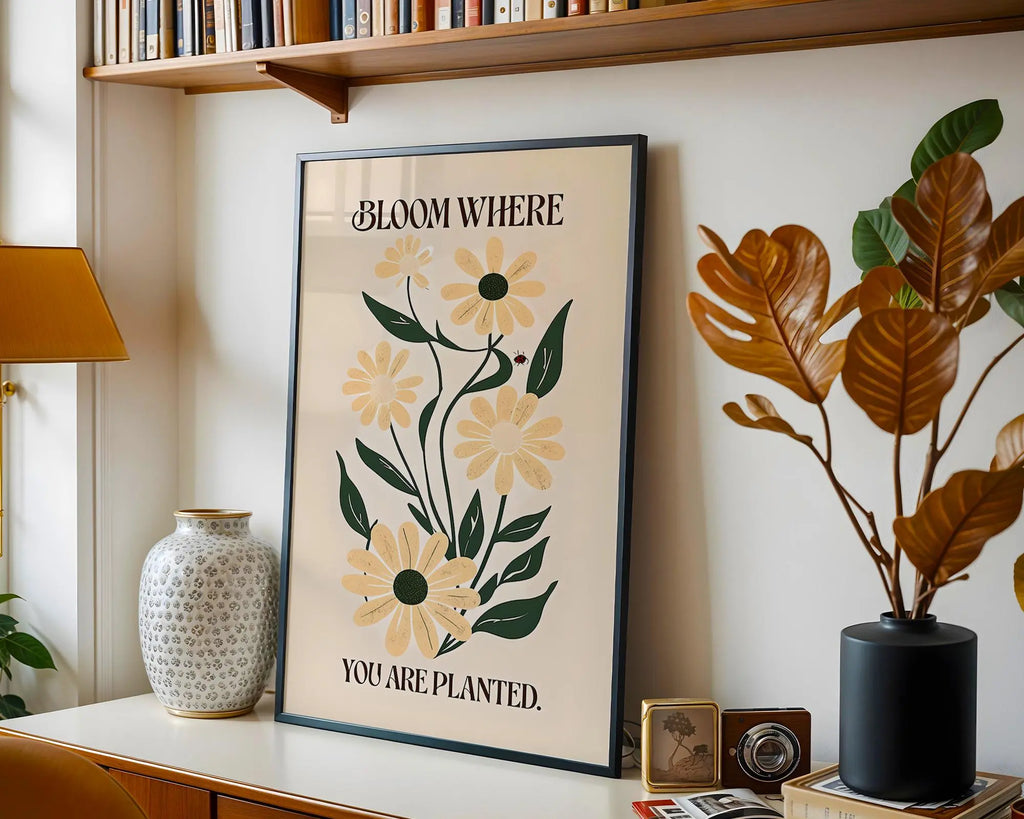 Positive Emotion | Bloom Where You Are Planted – Vintage Daisy Illustration, Inspirational Floral Wall Art wall art print, modern home decor, unframed artwork by Nomad & Nest