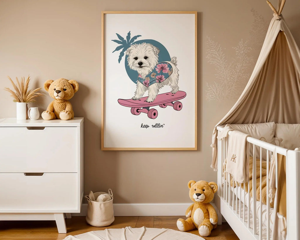 Playroom Ideas | Skate Dog Nursery Wall Art | Boho Animal Baby Print wall art print, modern home decor, unframed artwork by Nomad & Nest
