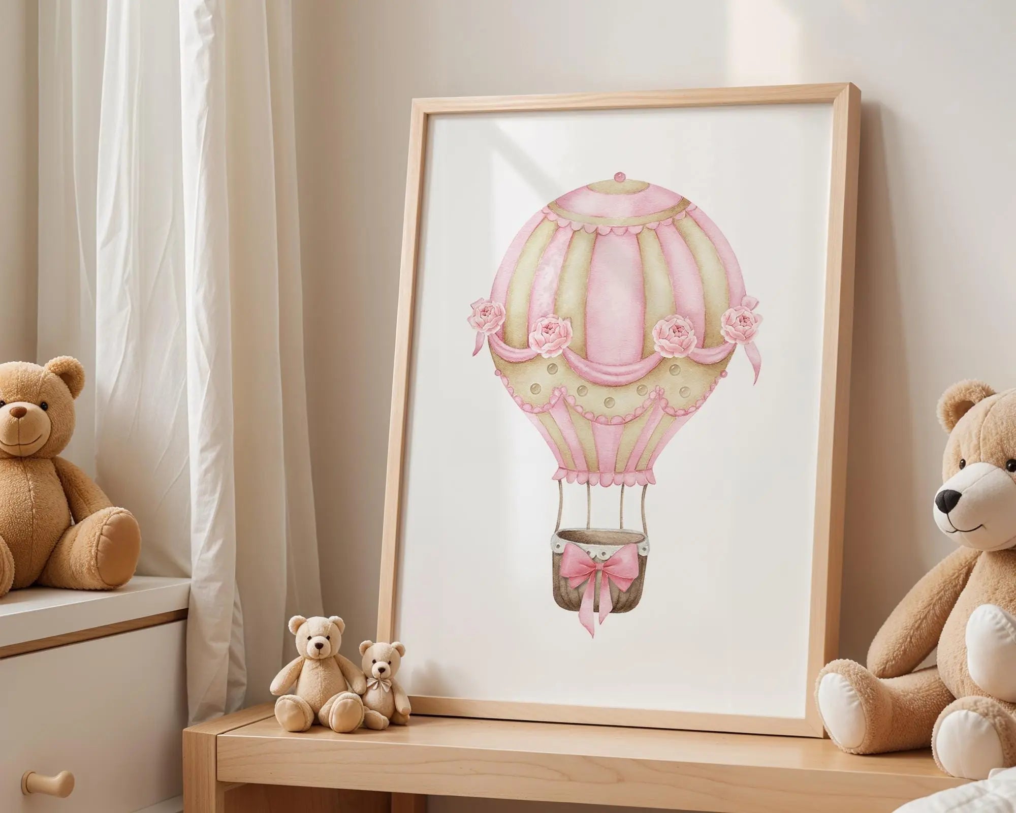 Playroom Ideas | Pink Hot Air Balloon Nursery Art | Vintage Baby Decor wall art print, modern home decor, unframed artwork by Nomad & Nest
