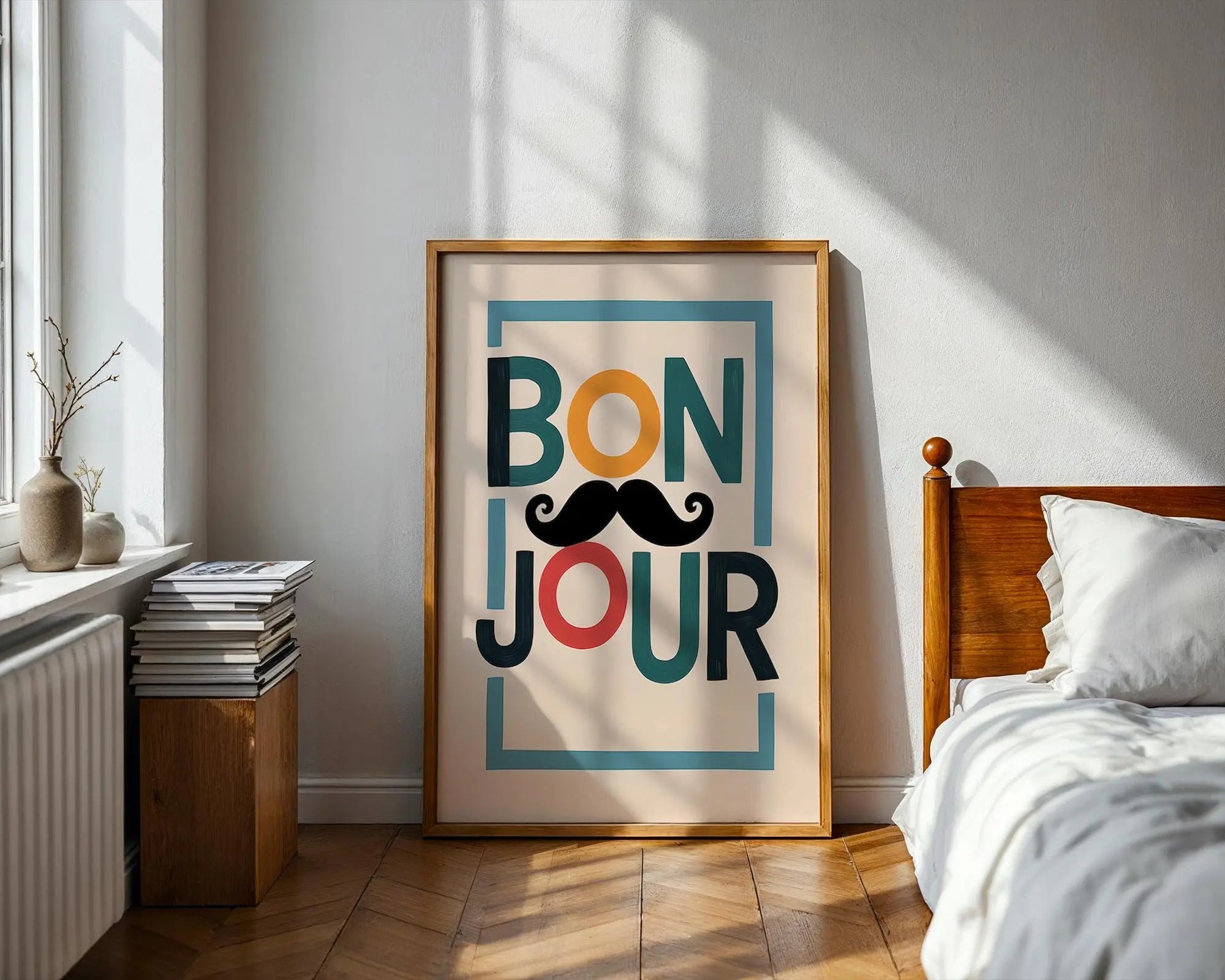 Positive Emotion | Bonjour Typography Wall Art | Playful Mustache Print | Modern French Quote Decor wall art print, modern home decor, unframed artwork by Nomad & Nest