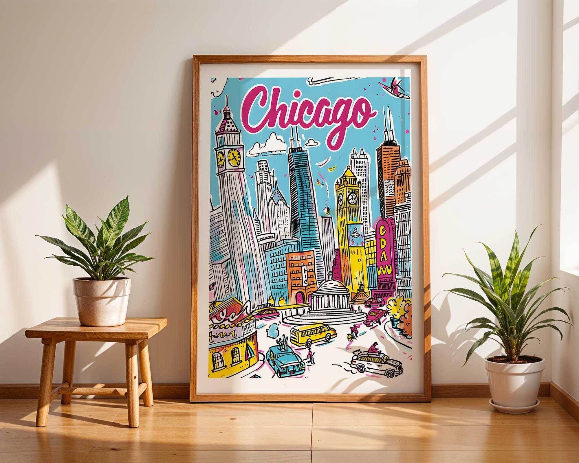 Chicago Skyline Art Print | Colorful Travel Poster wall art print, modern home decor, unframed artwork by Nomad & Nest