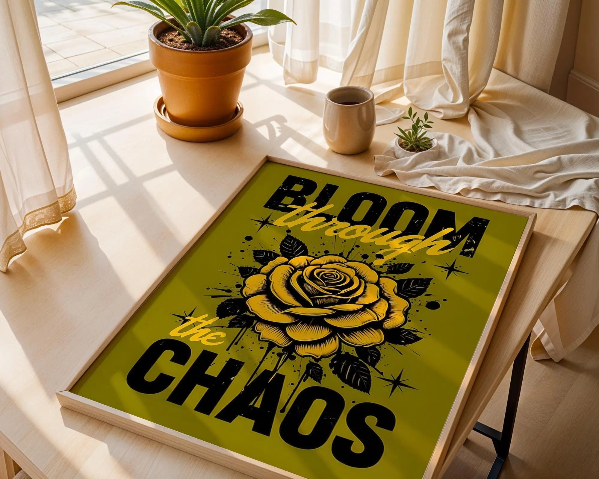 Positive Emotion | Bloom Through the Chaos Print | Yellow Rose Inspirational Wall Art | Strength Quote Poster wall art print, modern home decor, unframed artwork by Nomad & Nest