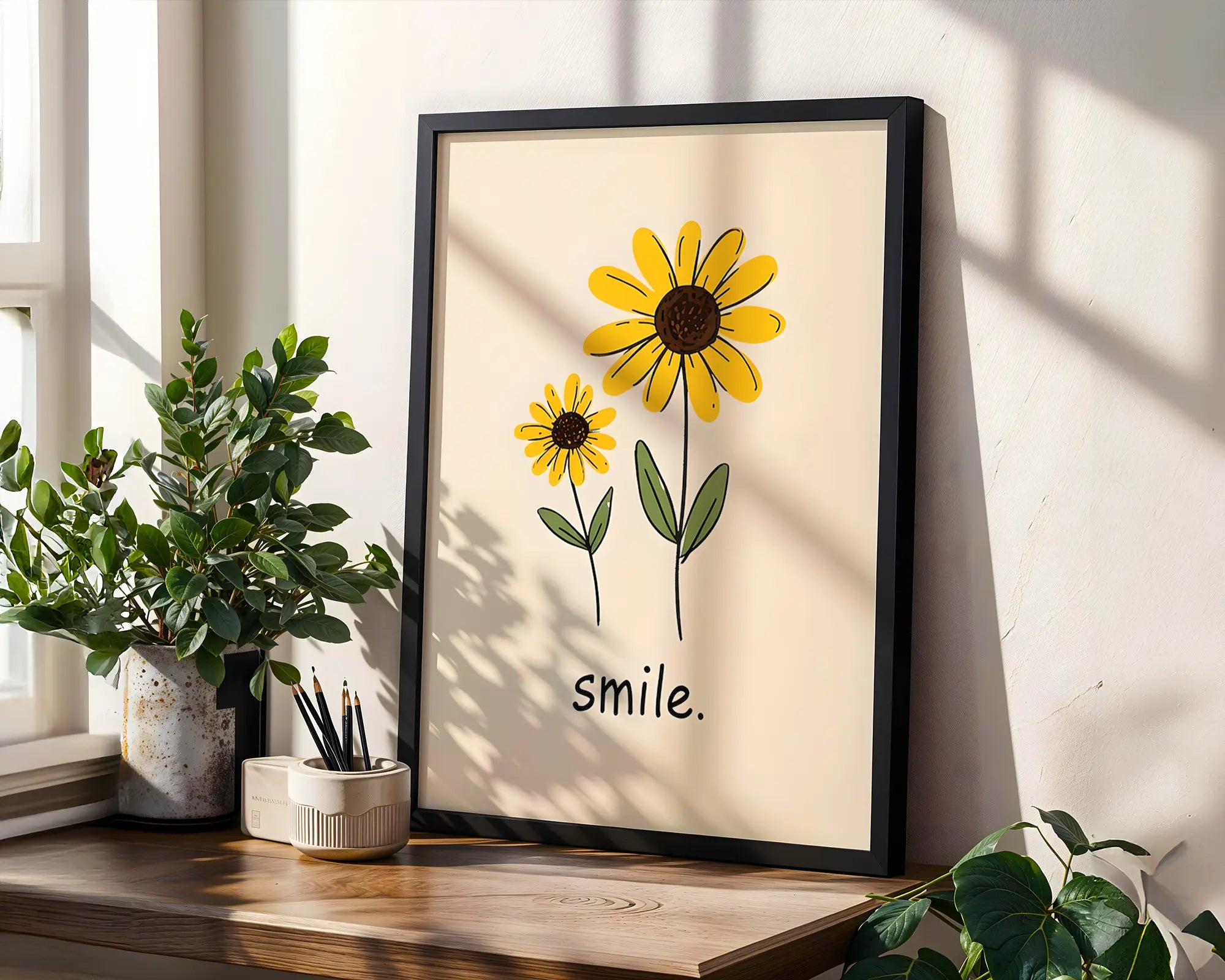 Positive Emotion | Smile Sunflower Wall Art | Simple Happy Floral Print | Cheerful Home Decor wall art print, modern home decor, unframed artwork by Nomad & Nest