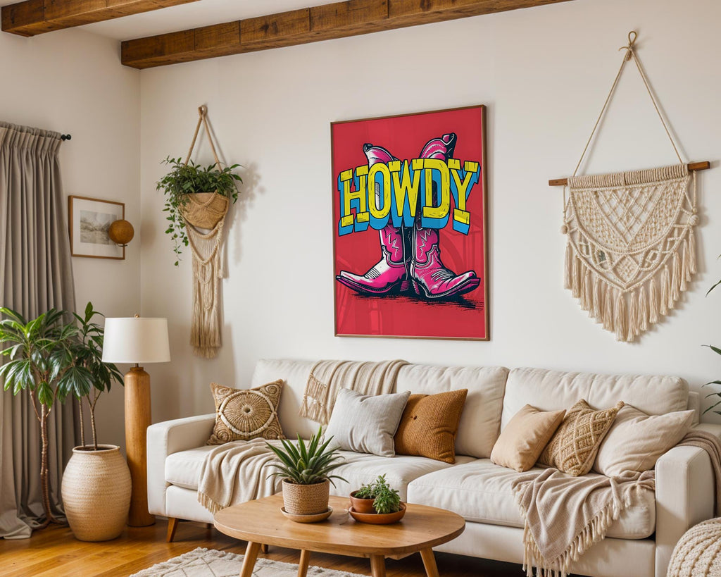 Modern Pop Art | Howdy Cowboy Boots Print | Pink Western  Poster wall art print, modern home decor, unframed artwork by Nomad & Nest