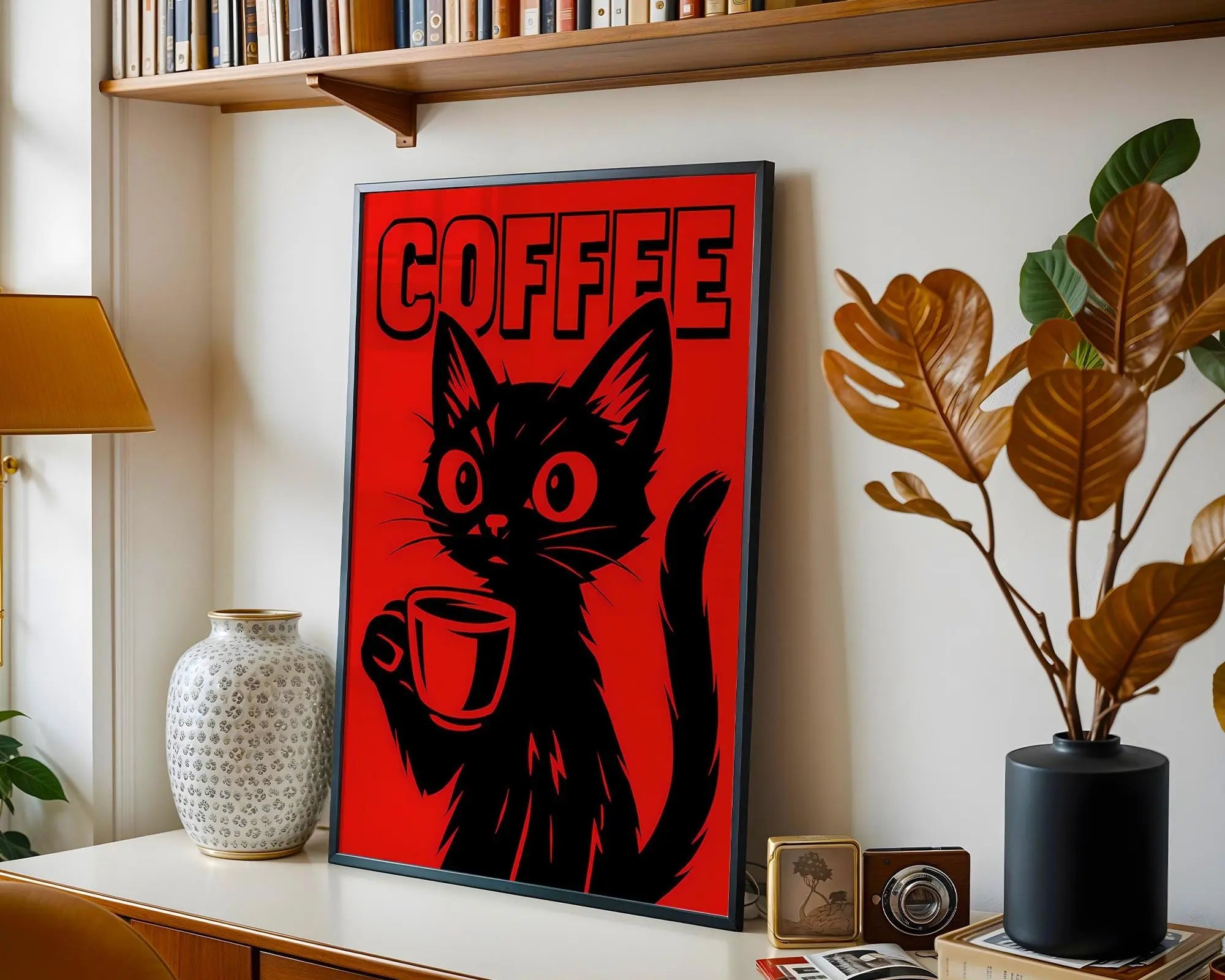 Positive Emotion | Coffee Cat Art Print | Bold Retro Graphic Poster wall art print, modern home decor, unframed artwork by Nomad & Nest