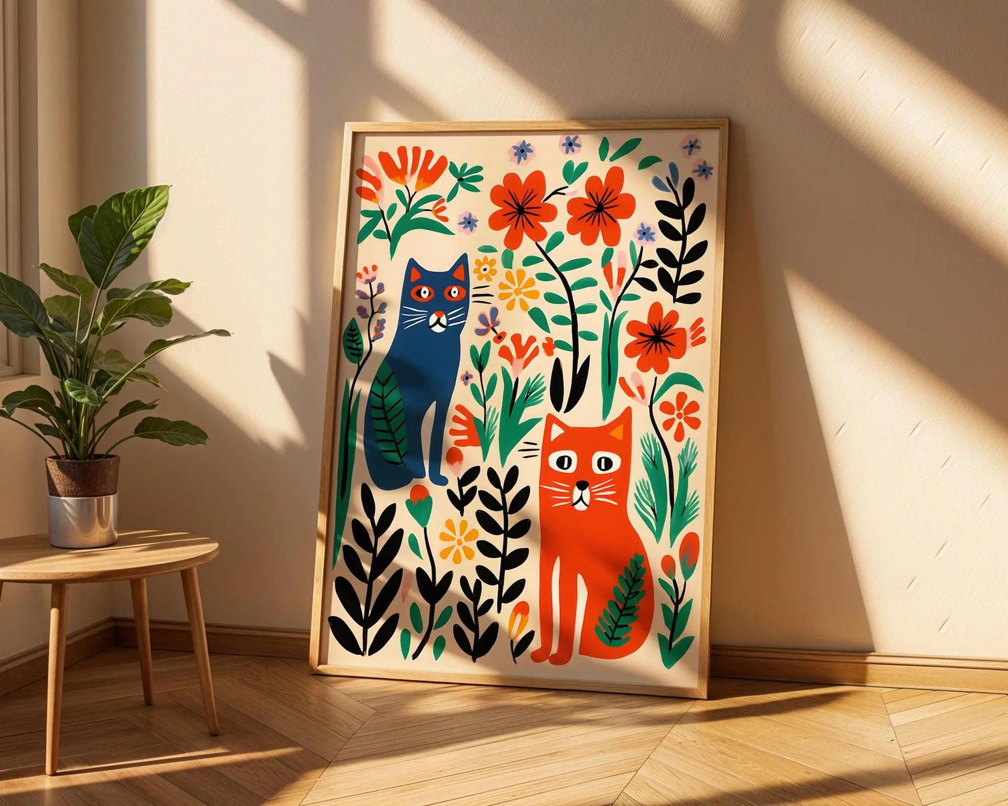 Colorful Cats in Garden Art Print | Scandinavian Folk Illustration wall art print, modern home decor, unframed artwork by Nomad & Nest