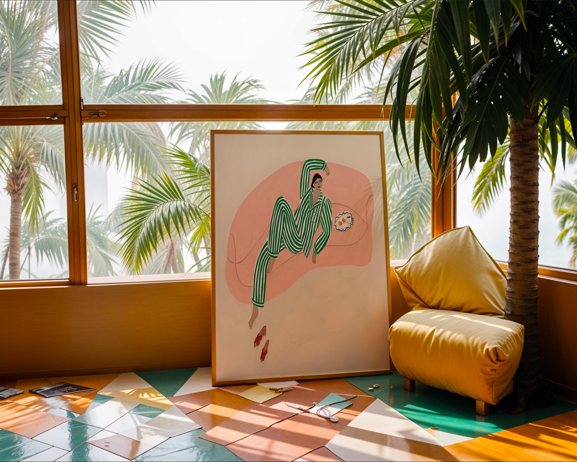 Woman in Pajamas Art Print | Minimalist Lounging Illustration wall art print, modern home decor, unframed artwork by Nomad & Nest