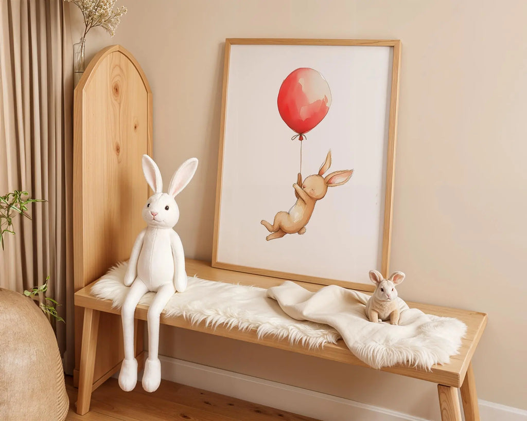 Playroom Ideas | Bunny Balloon Nursery Wall Art | Neutral Woodland Baby Print wall art print, modern home decor, unframed artwork by Nomad & Nest