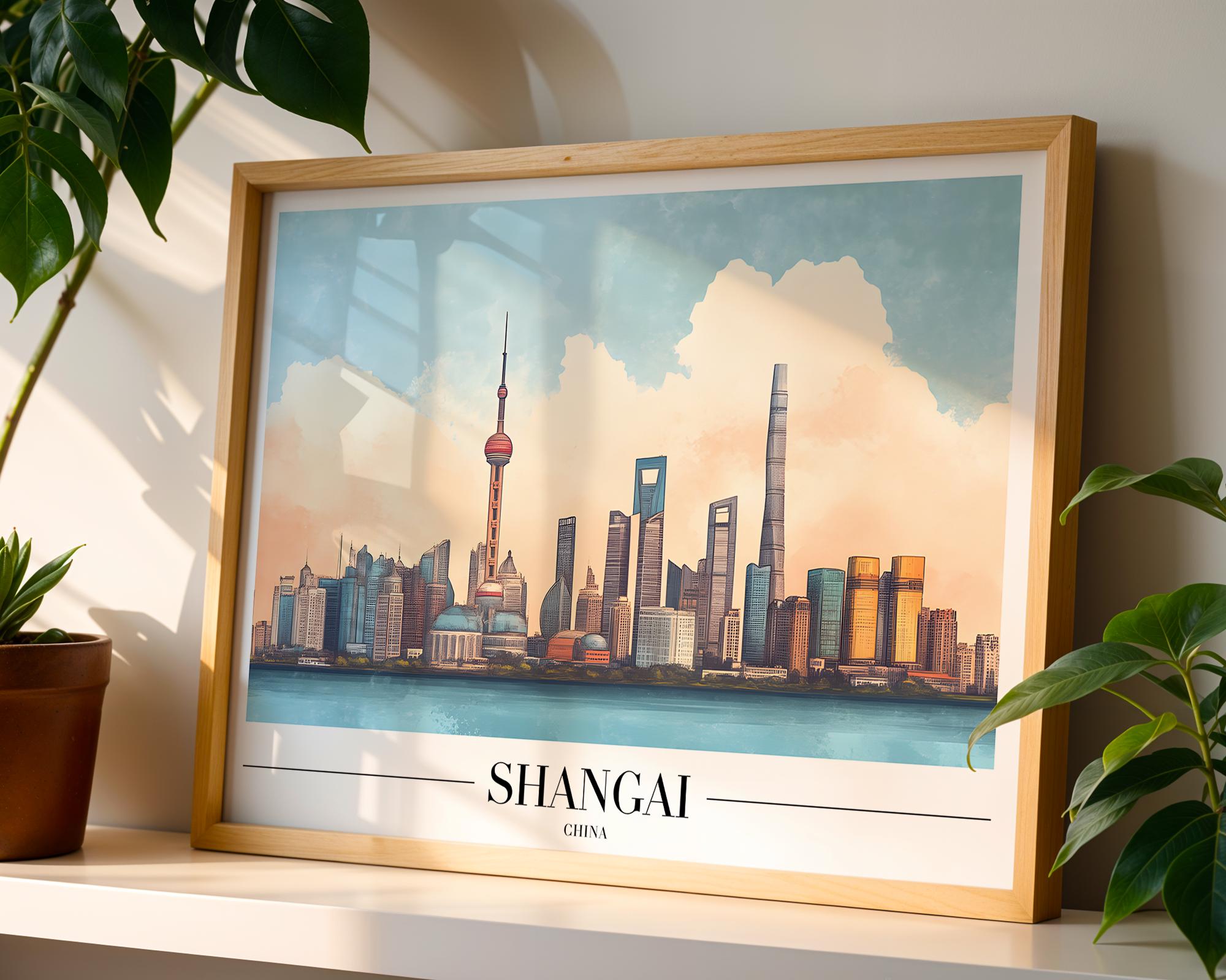 Shanghai Skyline Art Print | Modern China Travel Poster wall art print, modern home decor, unframed artwork by Nomad & Nest