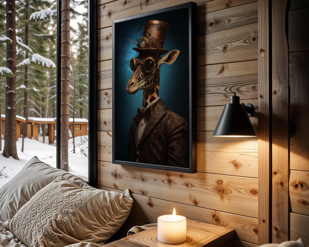 Steampunk Giraffe Wall Art | Brown Suit, Goggles & Clock Hat, Quirky Animal Portrait wall art print, modern home decor, unframed artwork by Nomad & Nest