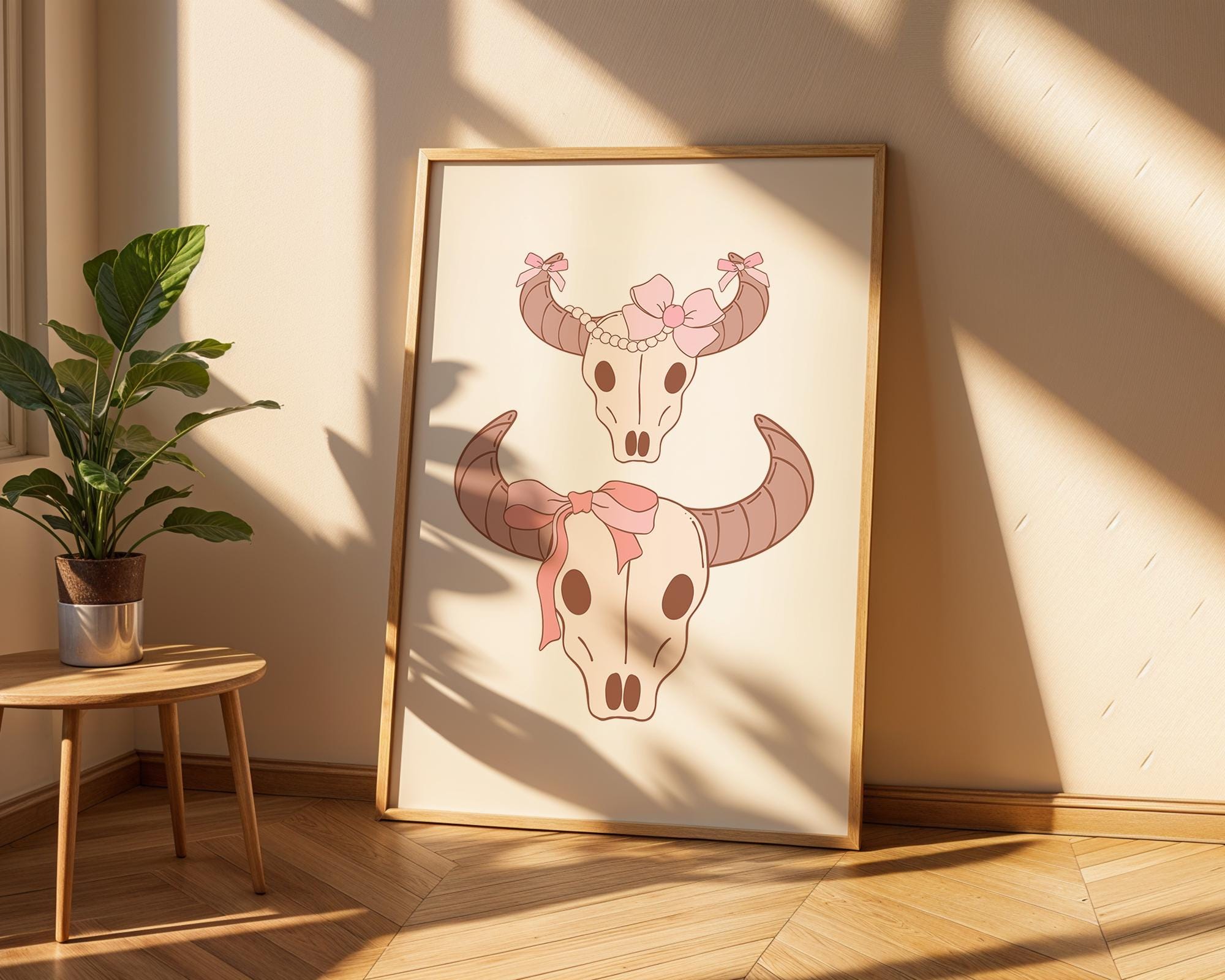 Girly Bull Skull Pair Print | Pink Bow Western Wall Art wall art print, modern home decor, unframed artwork by Nomad & Nest
