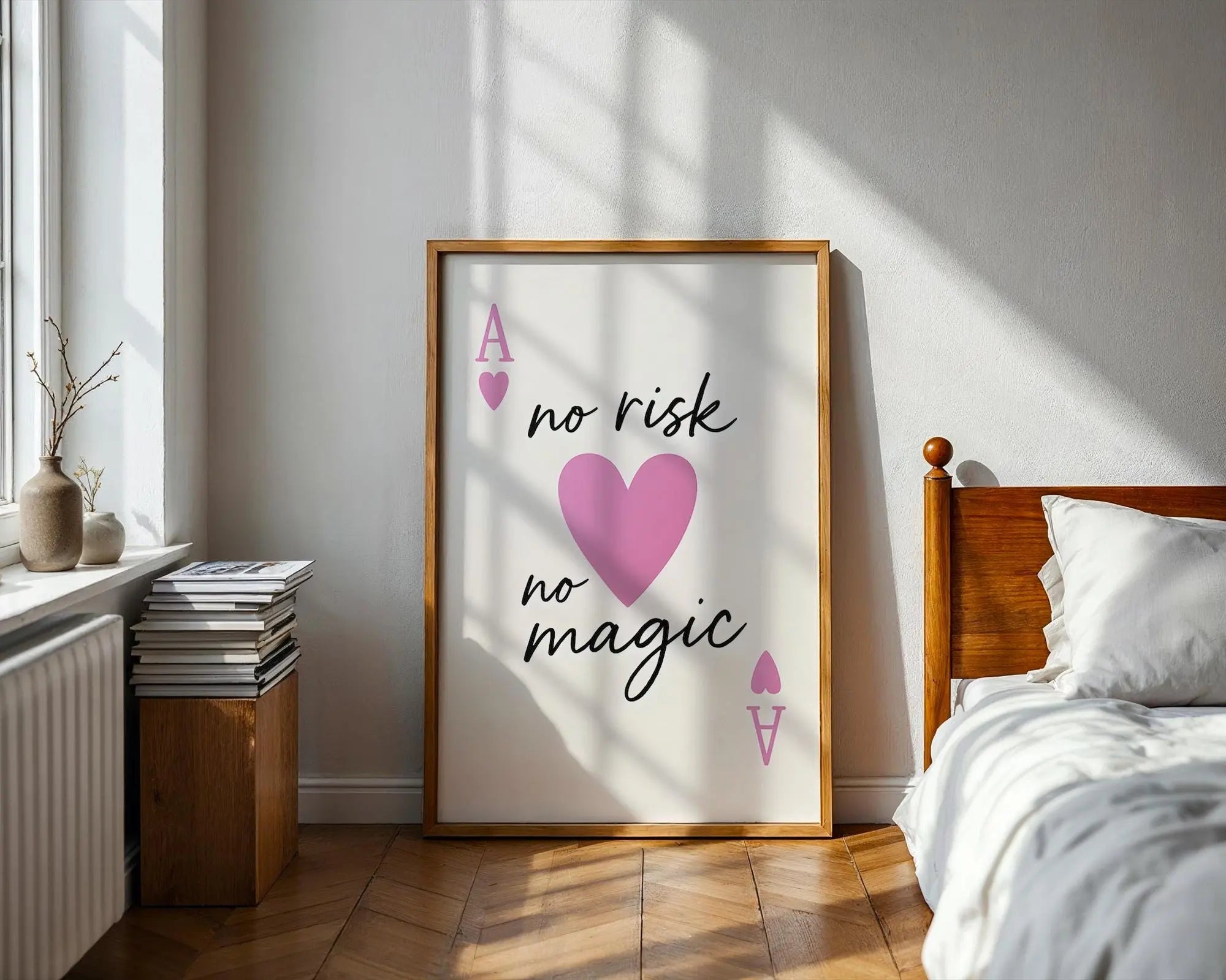 Motivational Quote Print – No Risk No Magic, Pink Heart Art wall art print, modern home decor, unframed artwork by Nomad & Nest