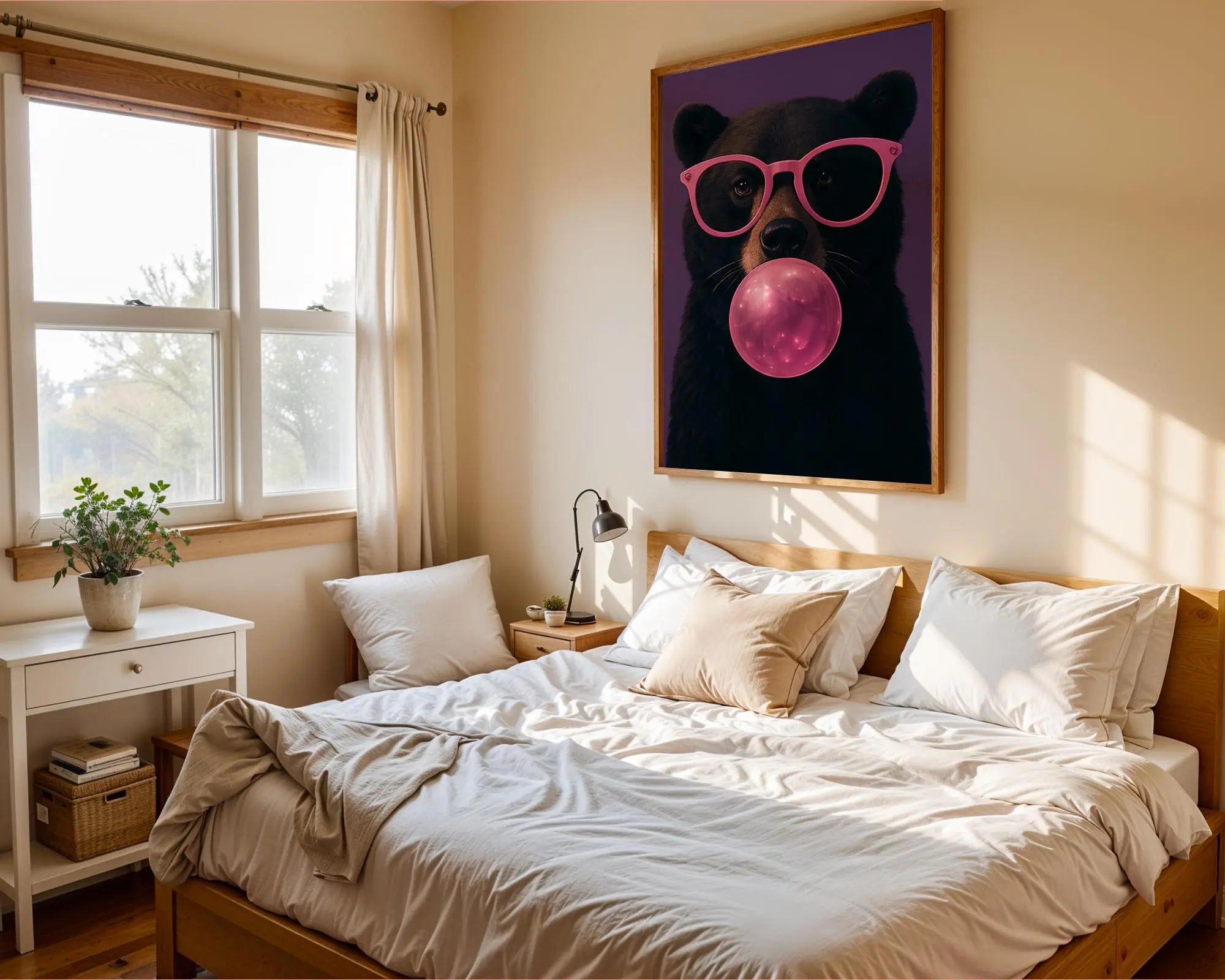 Colourful Prints | Bear Bubblegum Art Print | Funky Pink Glasses Animal Poster wall art print, modern home decor, unframed artwork by Nomad & Nest