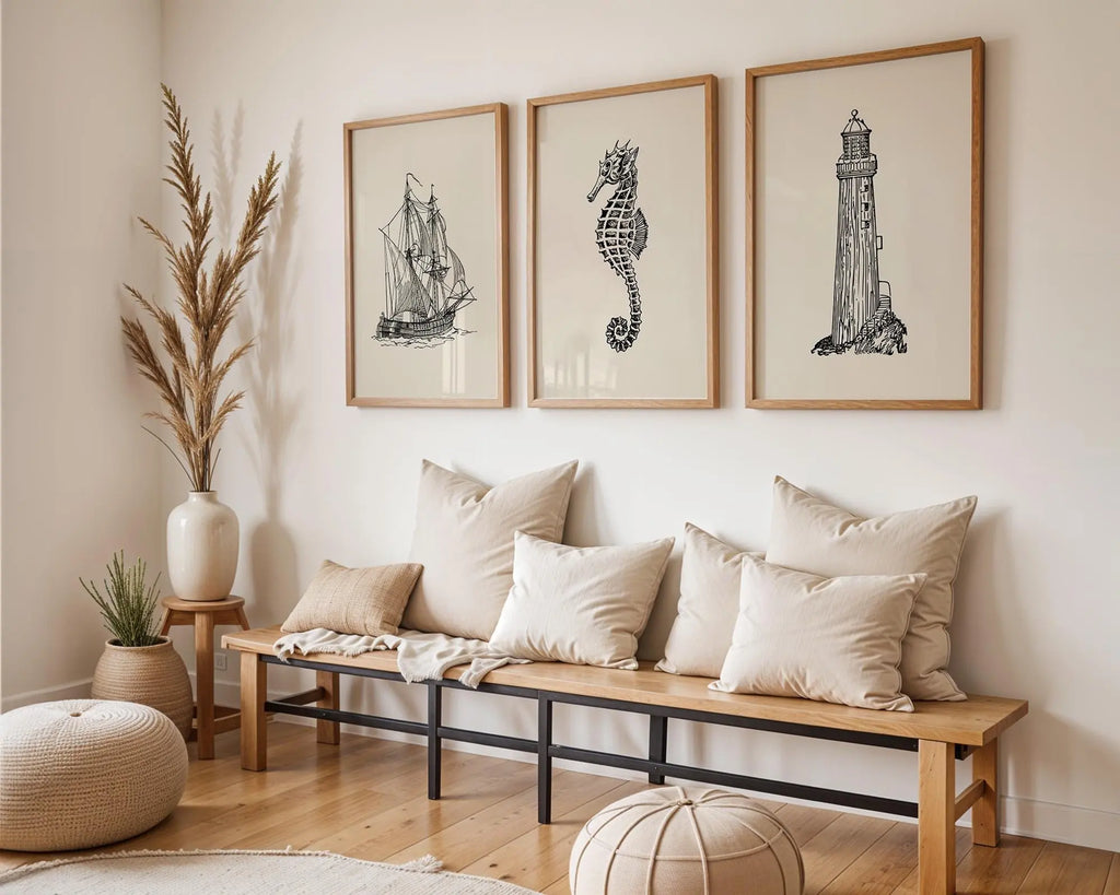 Colourful Prints | Nautical Sketch Print Set | Vintage Ship, Seahorse, Lighthouse Coastal Wall Art wall art print, modern home decor, unframed artwork by Nomad & Nest