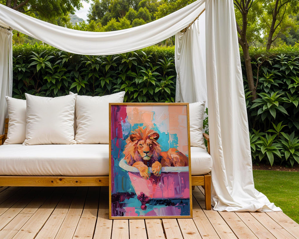 Colourful Prints | Abstract Lion Bath Print |  Jungle Animal Wall Art wall art print, modern home decor, unframed artwork by Nomad & Nest