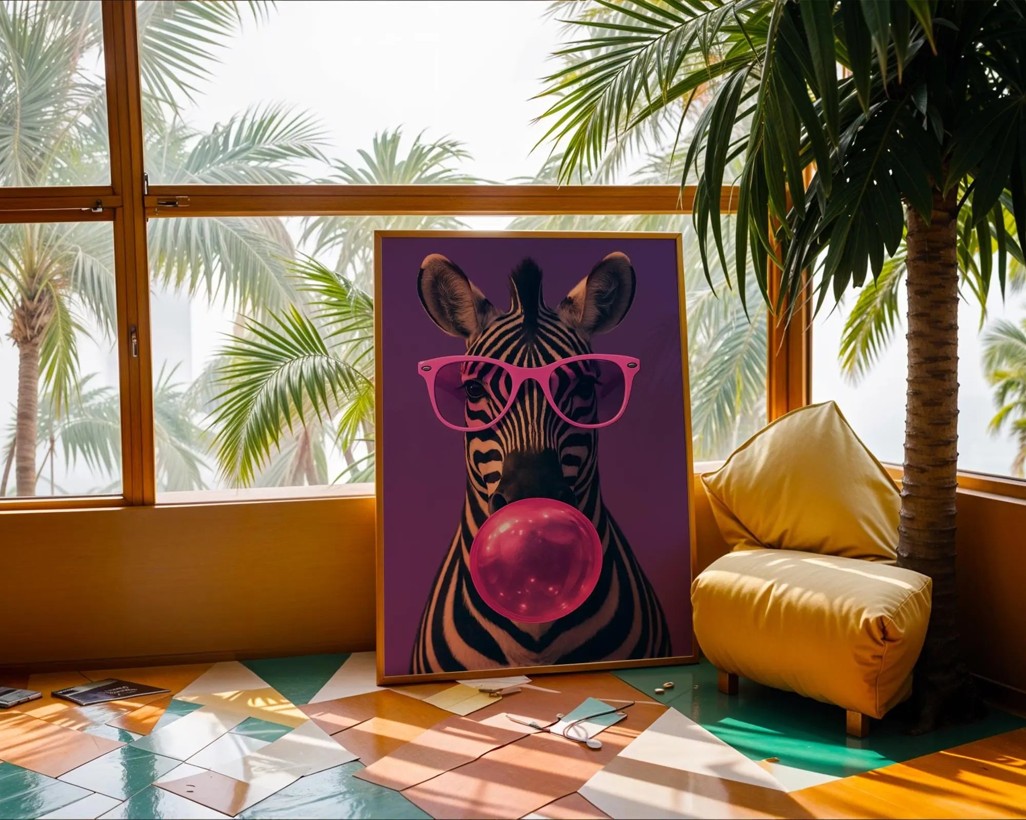 Colourful Prints | Zebra Bubblegum Art Print | Funky Pink Glasses Animal Wall Decor wall art print, modern home decor, unframed artwork by Nomad & Nest