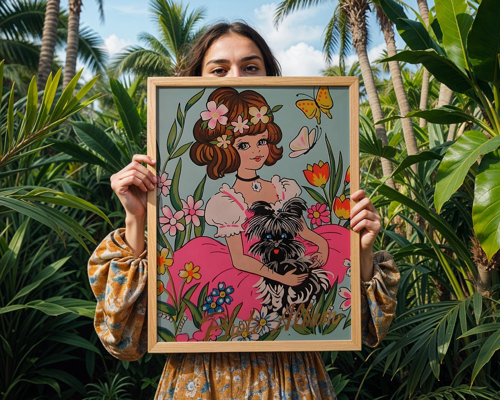 Girl and Dog Art Print | 70s Floral Illustration, Kawaii Home Decor wall art print, modern home decor, unframed artwork by Nomad & Nest