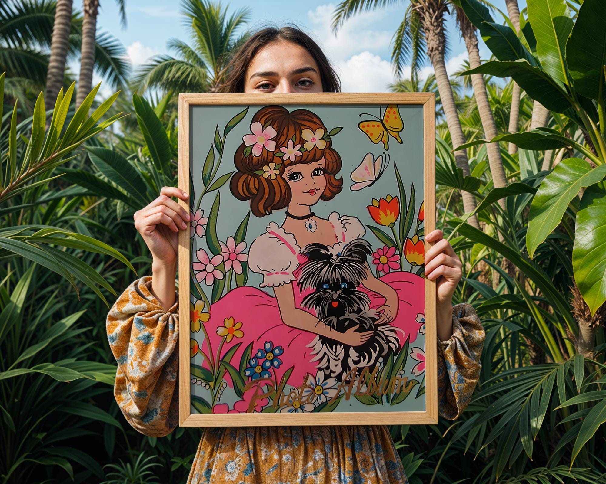 Girl and Dog Art Print | 70s Floral Illustration, Kawaii Home Decor wall art print, modern home decor, unframed artwork by Nomad & Nest